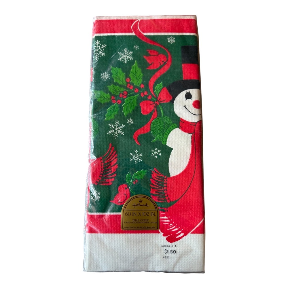 Vintage‎ Hallmark Christmas Paper Tablecloth NIP 60x102 Snowmen Birds Pinecones
